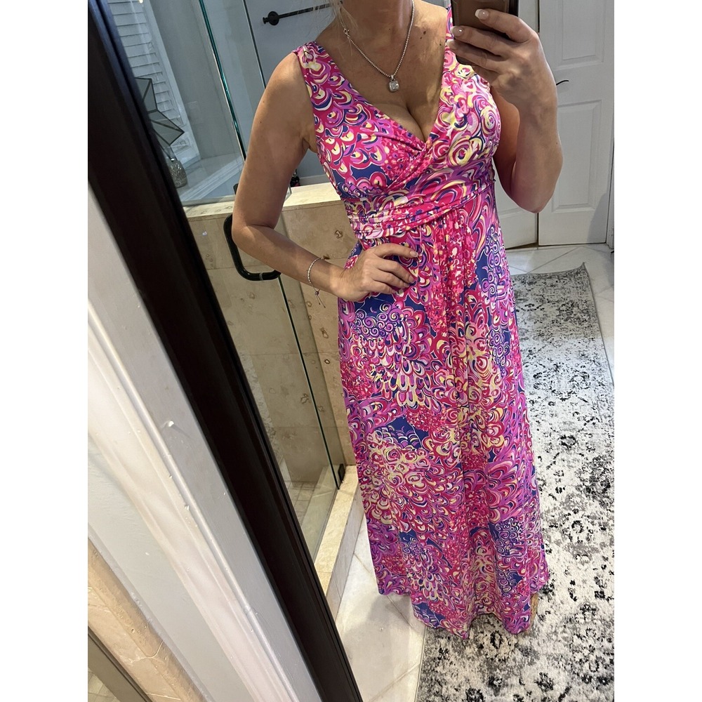 Lilly Pulitzer Sloane Maxi Dress Medium Sleeveless Floral Navy Blue Pink V-Neck